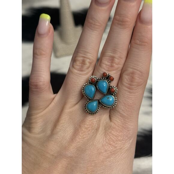 Native American Jewelry - Native American Sterling Silver Blue Turquoise Red Coral Prickly Cactus Ring 9